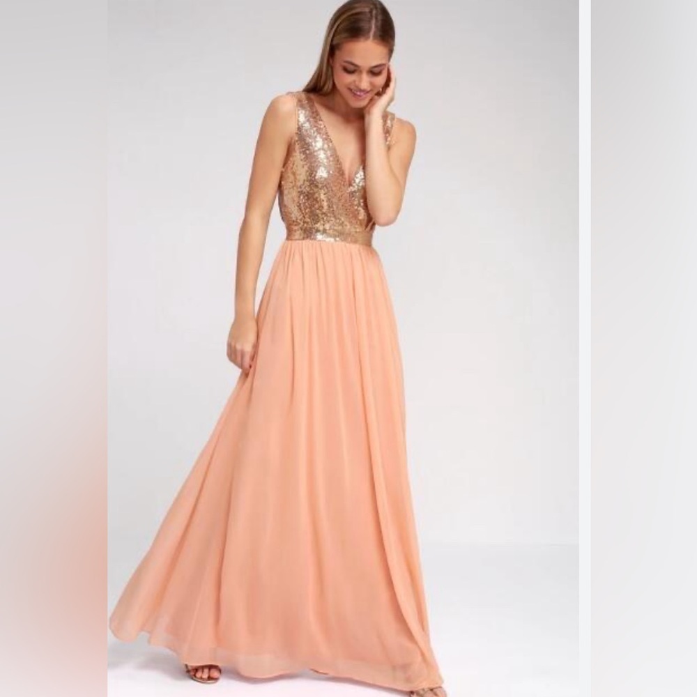 Lulus Rose Gold Encounter Deep V Sequin Prom Event Maxi Party Pink Dress M New H